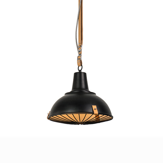 Industrial Dome Pendant Light with Wire Frame and Leather Strap Design - Black Metallic