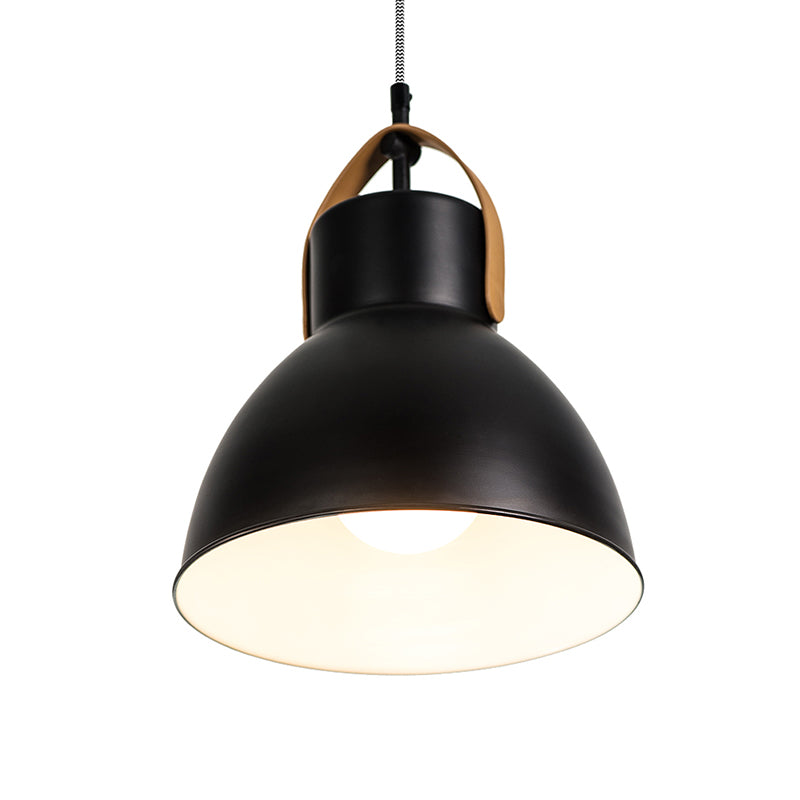 Industrial Domed Metallic Pendant Lamp with Glass Diffuser and Leather Strap - Black