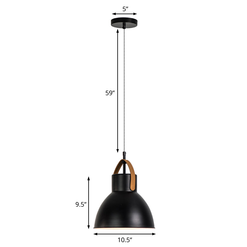 Industrial Domed Metallic Pendant Lamp with Glass Diffuser and Leather Strap - Black