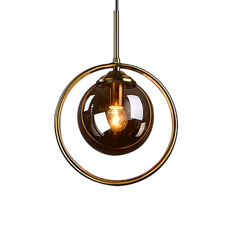 Post-Modernist Glass Ball Pendant Light With Ring Frame - Amber/Smoke/Clear