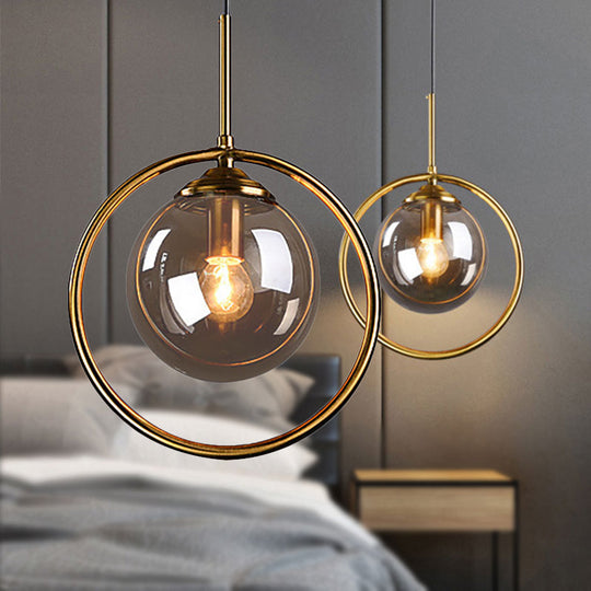 Post-Modernist Glass Ball Pendant Light With Ring Frame - Amber/Smoke/Clear Smoke Gray