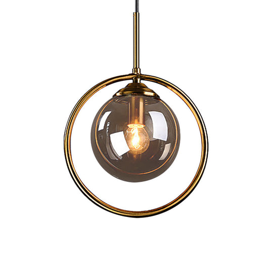 Post-Modernist Glass Ball Pendant Light With Ring Frame - Amber/Smoke/Clear