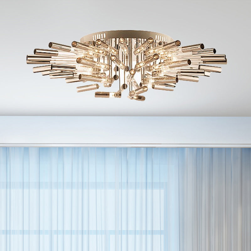 Stylish Sputnik Semi-Flush Light w/ Nine or Twenty-One Stainless Steel Lights - Ideal for Dining Rooms - Silver Tube Shade