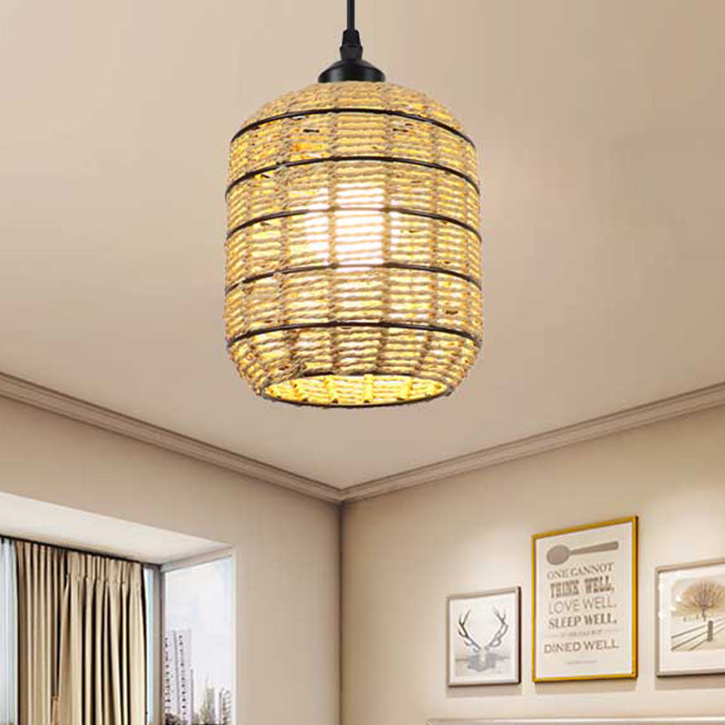 Asian Woven Rattan Lantern Suspension Pendant - Beige Single Light Lamp For Bedroom