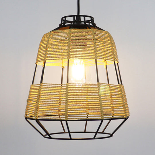 Chinese Straw Rope Barrel Metal Cage Hanging Lamp - 1-Light Beige Drop Ceiling Light Ideal For