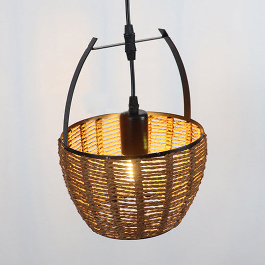 Rustic Hand-Woven Rattan Bucket Pendant Light - One Bulb Hanging Lamp In Brown For Living Room