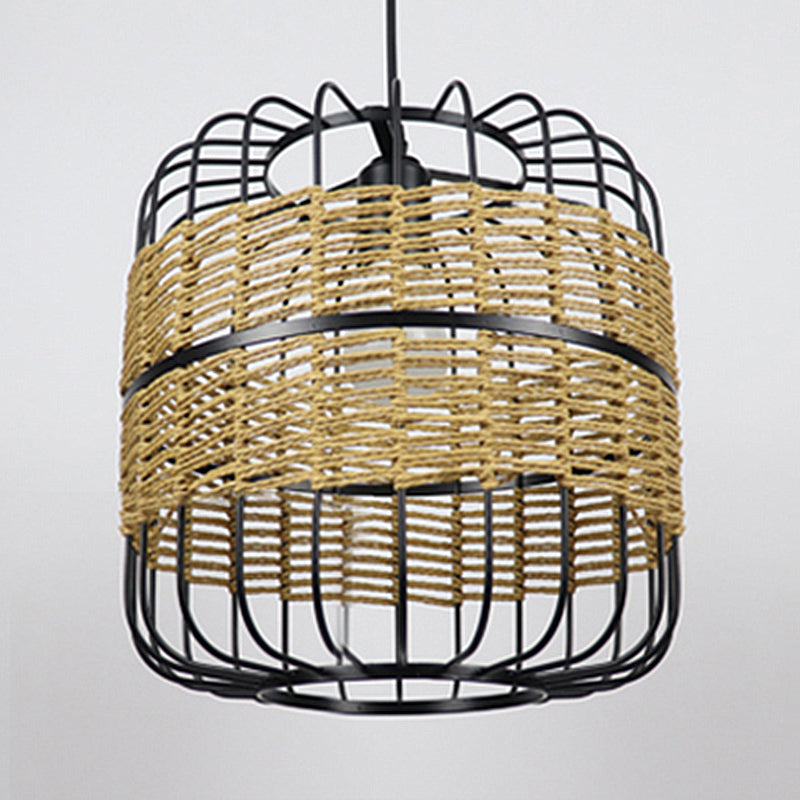 Modern Straw Rope 1-Light Beige Metal Cage Pendant Lamp For Bedroom & Restaurant