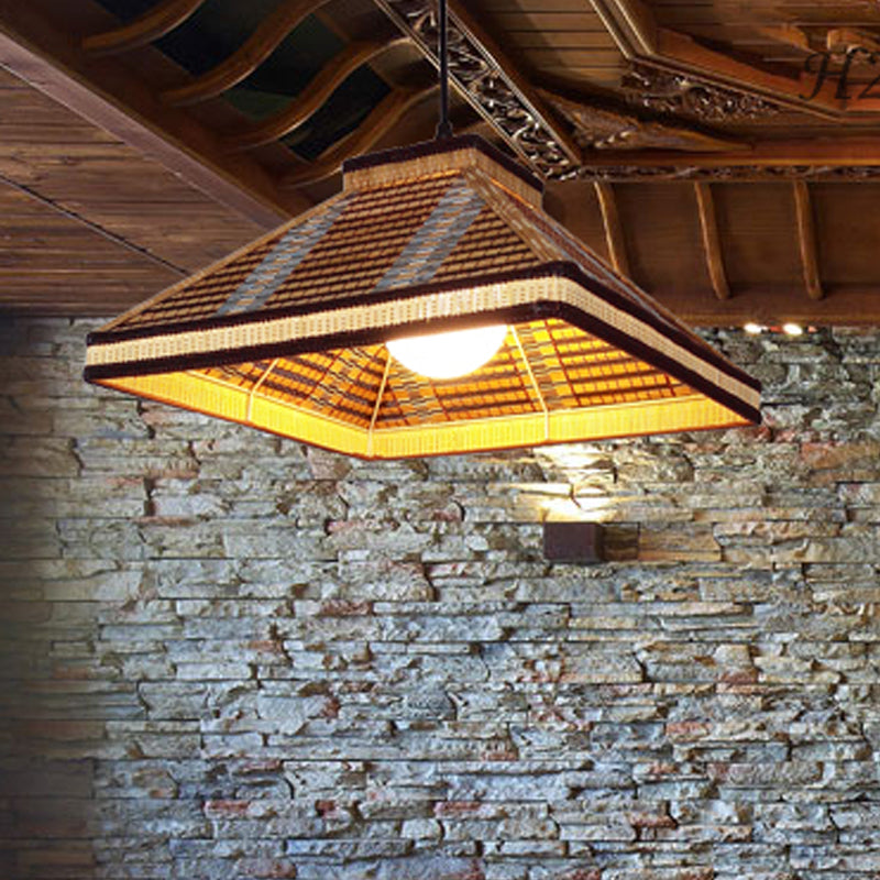 Chinese Pyramid Bamboo/Rattan Pendant Lamp - White/Ivory/Brown