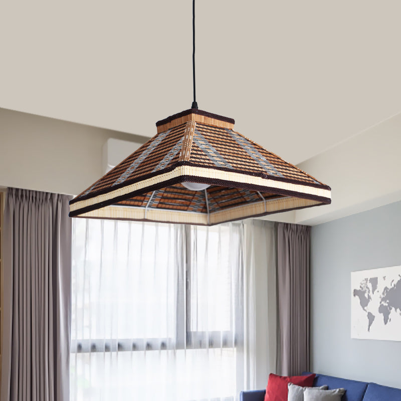 Chinese Pyramid Bamboo/Rattan Pendant Lamp - White/Ivory/Brown