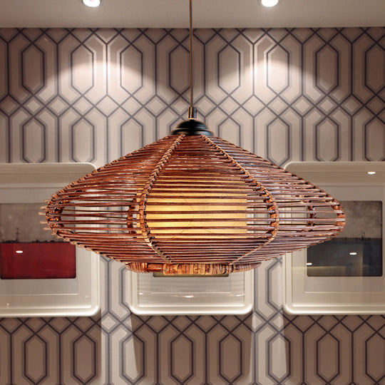 Hand-Woven Rattan Discus Pendant Light In Brown - Asian Style Hanging Lamp For Dining Room &