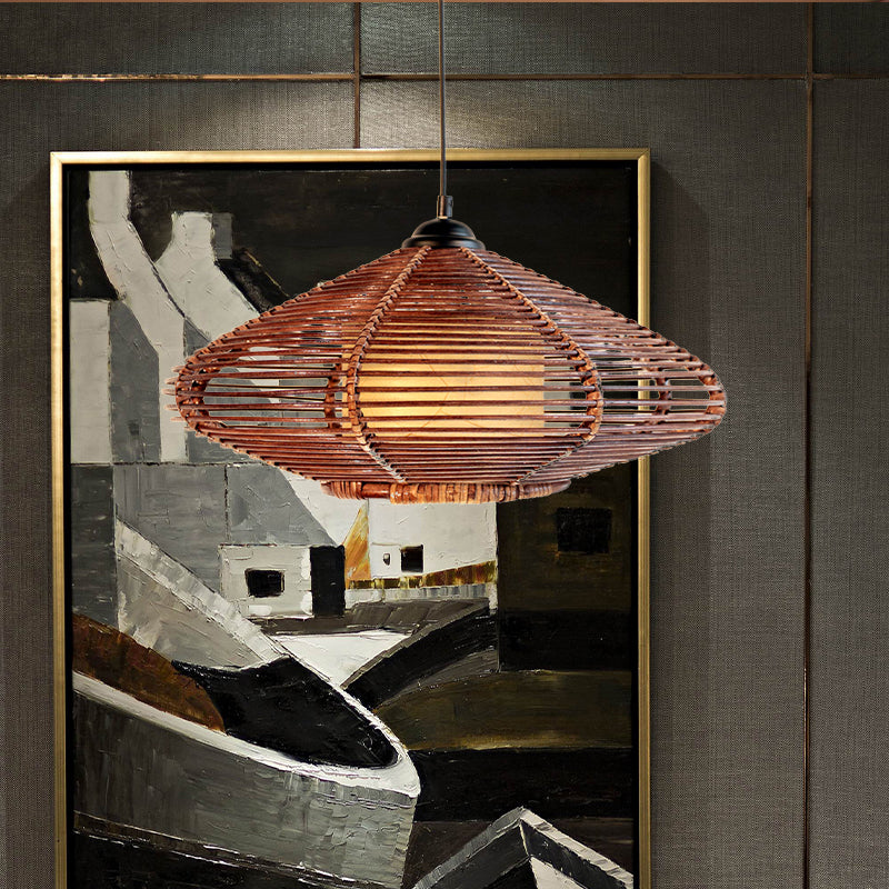 Hand-Woven Rattan Discus Pendant Light In Brown - Asian Style Hanging Lamp For Dining Room &