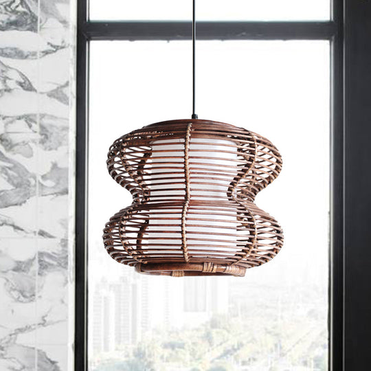 Asian Style Bamboo Pendant Light With Inner Shade - Brown Gourd Hanging Fixture For Living Room