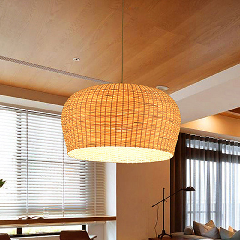 Woven Bamboo Ceiling Pendant Lamp - Asian Single Light 12/19.5 Wide Dome Beige Hanging For