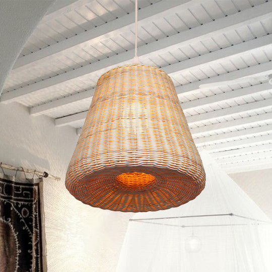 Japanese Style Conic Rattan Suspension Light - Beige Pendant For Restaurant And Dining Room