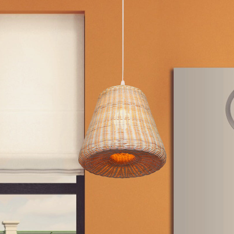 Japanese Style Conic Rattan Suspension Light - Beige Pendant For Restaurant And Dining Room