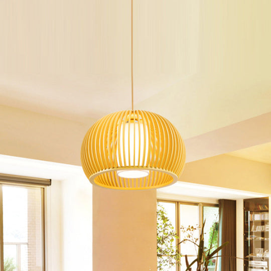 Modern Asian Pendant Light: Wooden Dome Shade For Restaurant Dining Room