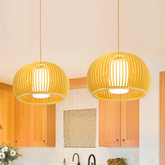 Modern Asian Pendant Light: Wooden Dome Shade For Restaurant Dining Room