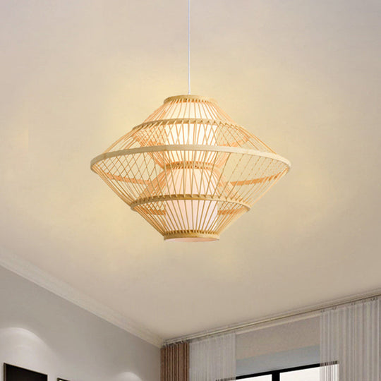 16/19.5 Asian Style Bamboo Weaving Pendant Lamp - 1 Light Beige Fixture For Living Room