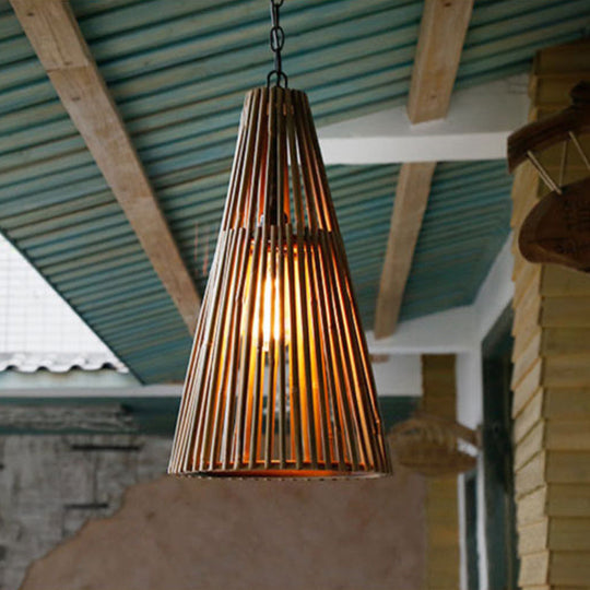 Vintage Bamboo Cone Pendant Light - Natural Wood Suspension Lamp with Adjustable Chain