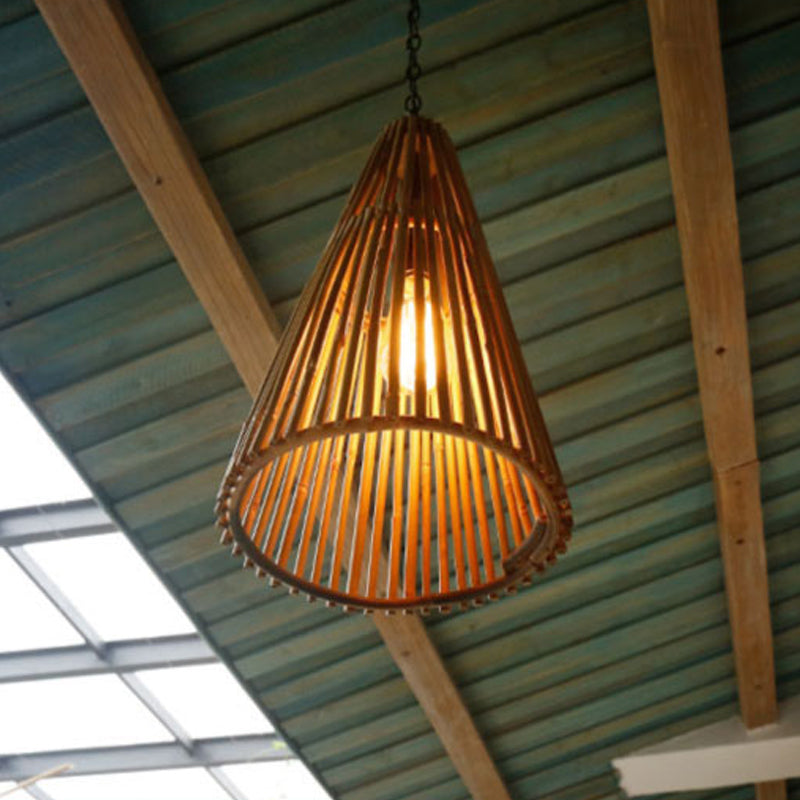 Vintage Bamboo Cone Pendant Light - Natural Wood Suspension Lamp with Adjustable Chain