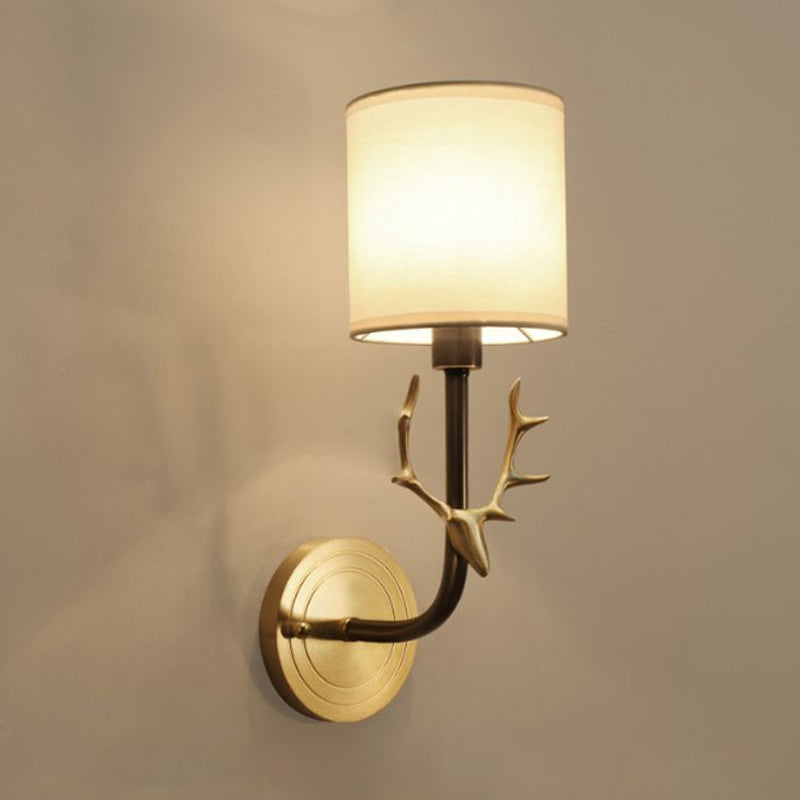 Modern 1/2 Lights Wall Sconce With Fabric Shade - Black/Gold Cylinder Mount Fixture Featuring Metal