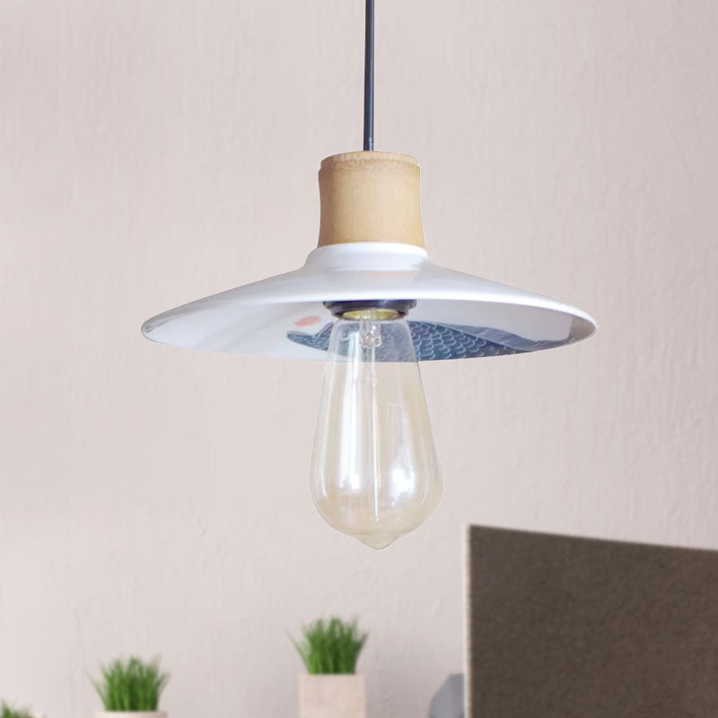 Contemporary White Pendant Lamp Saucer Ceramic And Wood 1-Light 8.5/10.5 W Fish Pattern