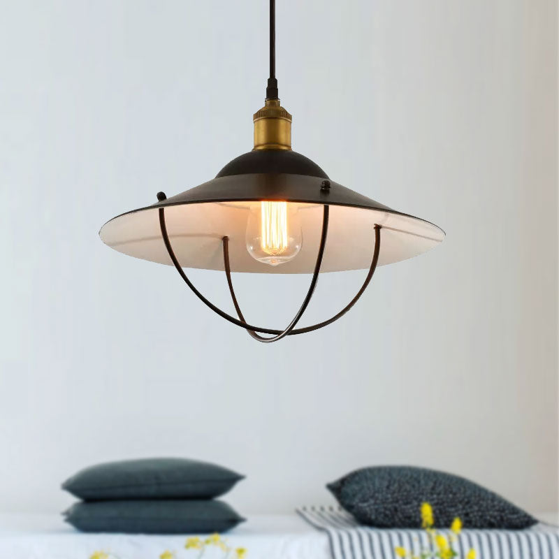 Metal Pendant Light Fixture: Saucer Shade, 1 Light, Black Finish