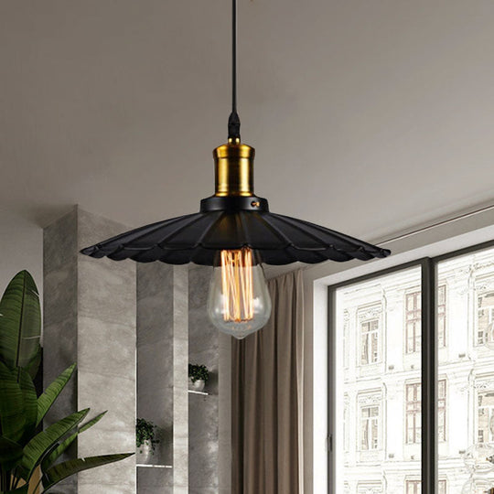 14"/16" Dia Industrial Scalloped Pendant Light 1 Head Metallic Ceiling Pendant Lamp in Black/White