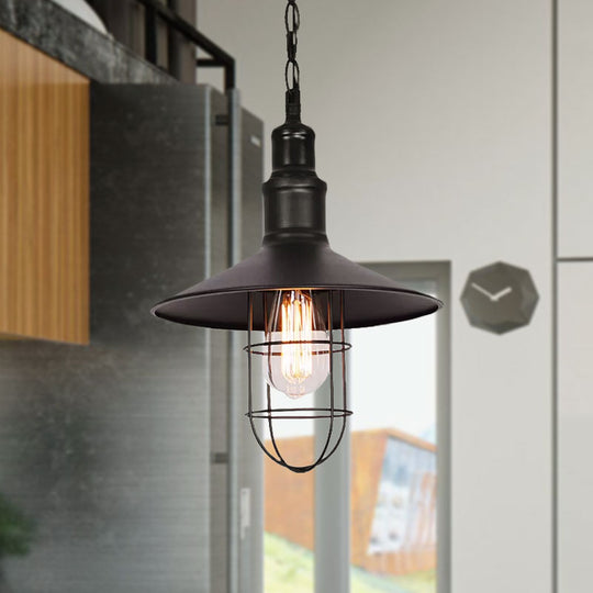 Conic Shade Suspension Light With Wire Guard - Nautical Black Pendant Lighting