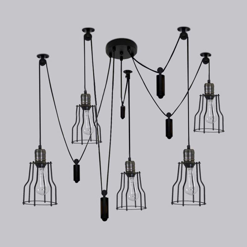 Farmhouse Style 5-Bulb Spider Pendant Light With Wire Guard Shade - Black Metal Ceiling Fixture For