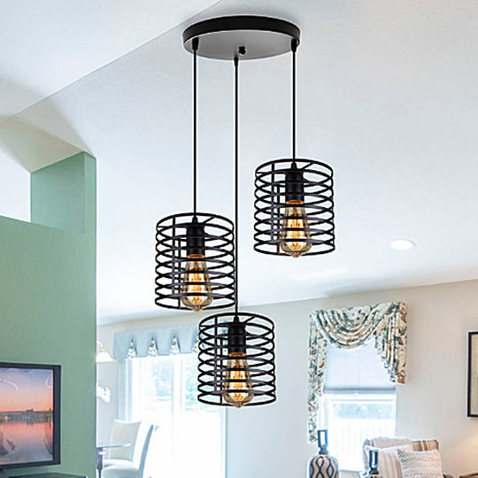 Industrial 3-Bulb Cage Shade Hanging Lamp In Black For Dining Rooms