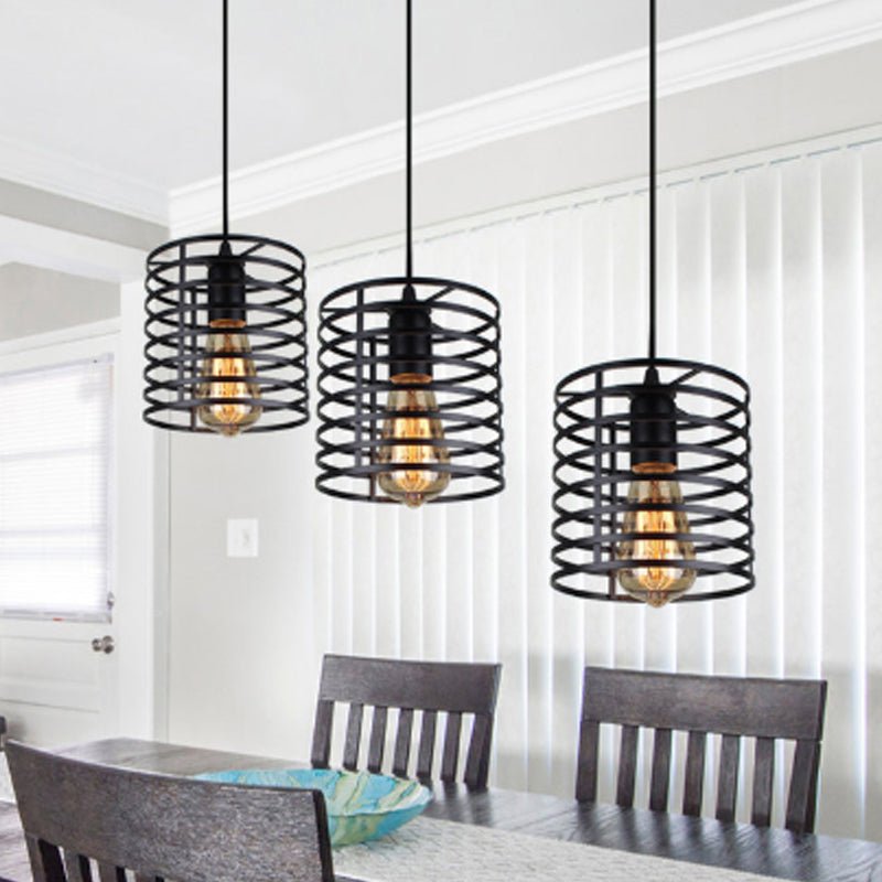 Cage Shade Industrial Hanging Light with 3 Bulbs - Cylindrical Metallic Lamp for Dining Room in Black