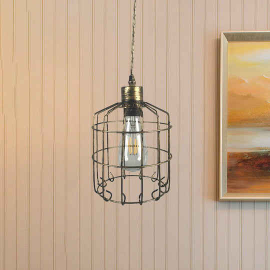 Industrial Wire Frame Pendant Light - Dark Rust, Adjustable Cord