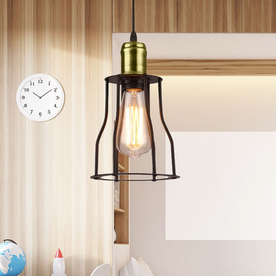 1-Bulb Bronze/Brass Suspended Metal Pendant Lamp - Mini Industrial Wire Cage Light for Living Room