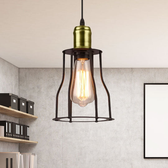 1-Bulb Bronze/Brass Suspended Metal Pendant Lamp - Mini Industrial Wire Cage Light for Living Room