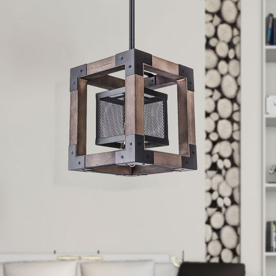 Industrial Brown Wire Mesh Pendant Light With Metal Frame And Square Shade: Ideal Hanging Lamp For