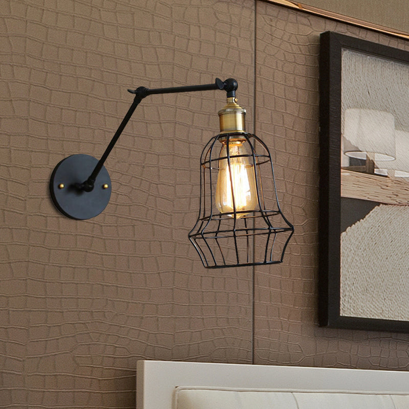 Modern Black Metal Wall Sconce With Adjustable Arm And Cage Shade - Retro Style Lighting 1 Light