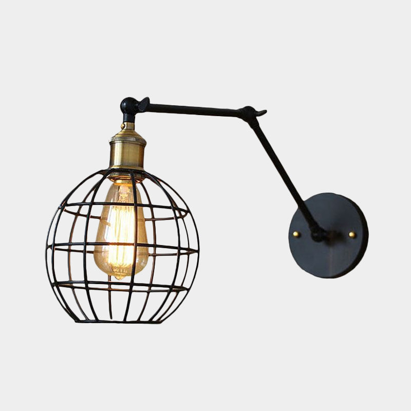 Modern Black Metal Wall Sconce With Adjustable Arm And Cage Shade - Retro Style Lighting 1 Light