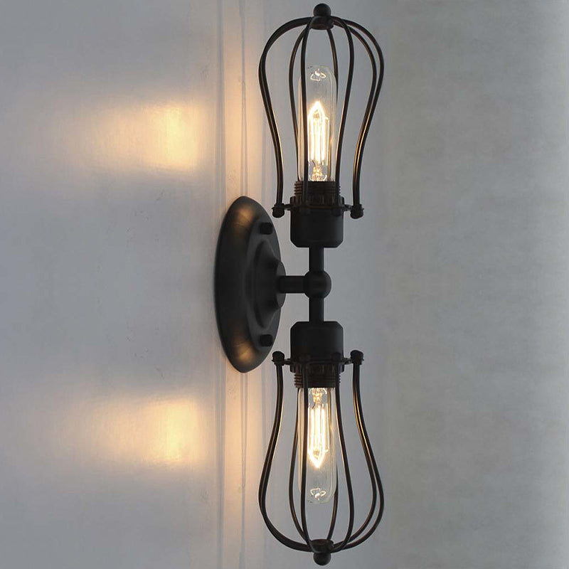 Vintage Industrial 1/2-Light Metal Bulb Wall Sconce With Cage Shade For Restaurants - Black/Nickel