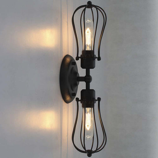 Vintage Industrial 1/2-Light Metal Bulb Wall Sconce With Cage Shade For Restaurants - Black/Nickel