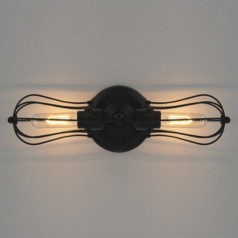 Vintage Industrial 1/2-Light Metal Bulb Wall Sconce With Cage Shade For Restaurants - Black/Nickel