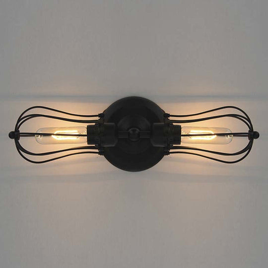 Vintage Industrial 1/2-Light Metal Bulb Wall Sconce With Cage Shade For Restaurants - Black/Nickel