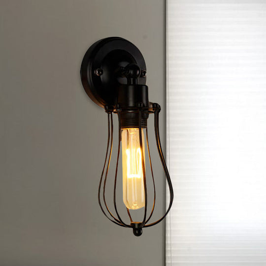 Vintage Industrial 1/2-Light Metal Bulb Wall Sconce With Cage Shade For Restaurants - Black/Nickel