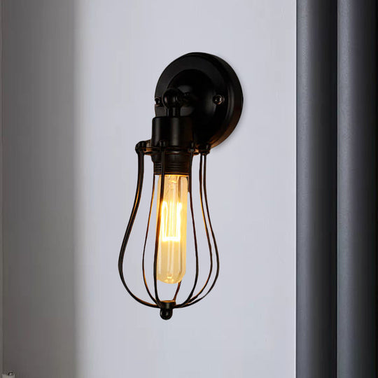 Vintage Industrial 1/2-Light Metal Bulb Wall Sconce With Cage Shade For Restaurants - Black/Nickel