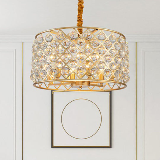 Lustre à pendule en cristal minimaliste à 6 lumières avec finition dorée - Design en treillis de diamant pour plafond de salon