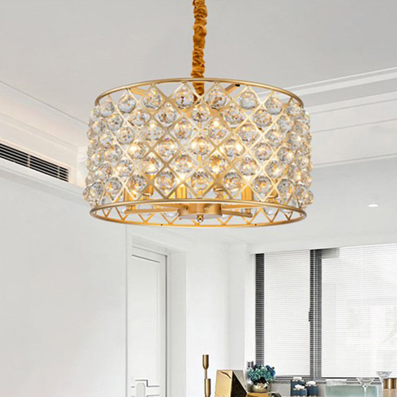 Lustre à pendule en cristal minimaliste à 6 lumières avec finition dorée - Design en treillis de diamant pour plafond de salon