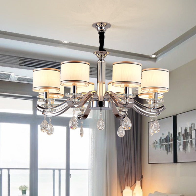 Modern Chrome Finish Chandelier With 8 Bulbs Metal Curved Arms And Small Drum Fabric Shade