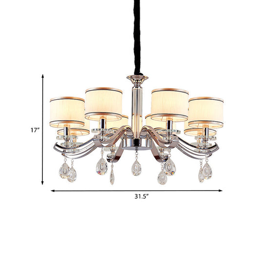 Modern Chrome Finish Chandelier with 8 Bulbs and Metallic Curved Arms - Small Drum Fabric Shade Pendant Lighting