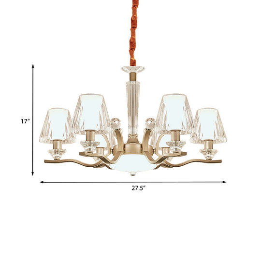 Modernist 6-Bulb Clear Crystal Glass Cone Hanging Lamp Kit in Gold for Bedroom Chandelier