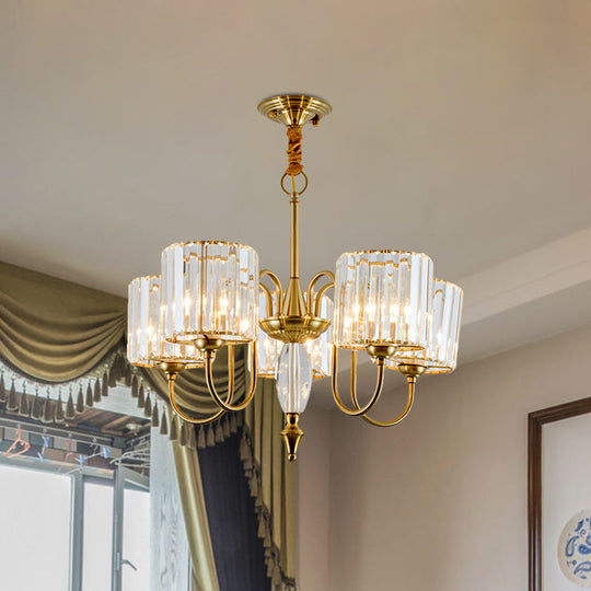 5-Bulb Gold Modern Pendulum Chandelier with Crystal Block Drum Shade - Perfect for Dining Room Ceiling Lighting